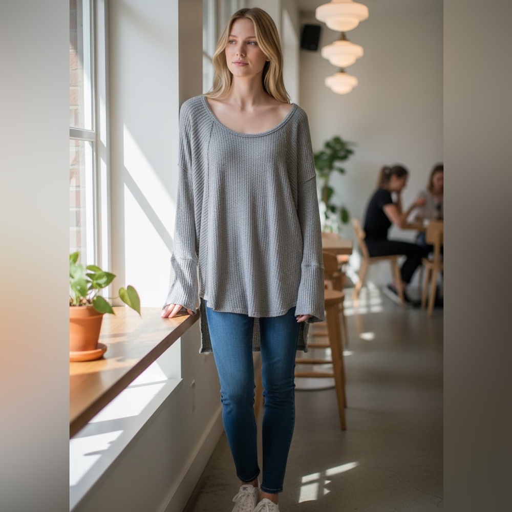 Free People Waffle Knit Top Women’s Large Gray Thermal Long Sleeve Tunic - Picture 2 of 7